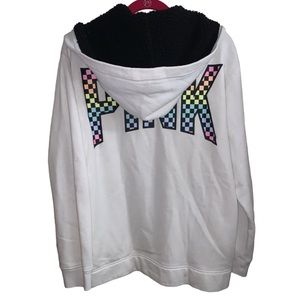Pink Victorias Secret large white fleece pullover lace up Sherpa hood